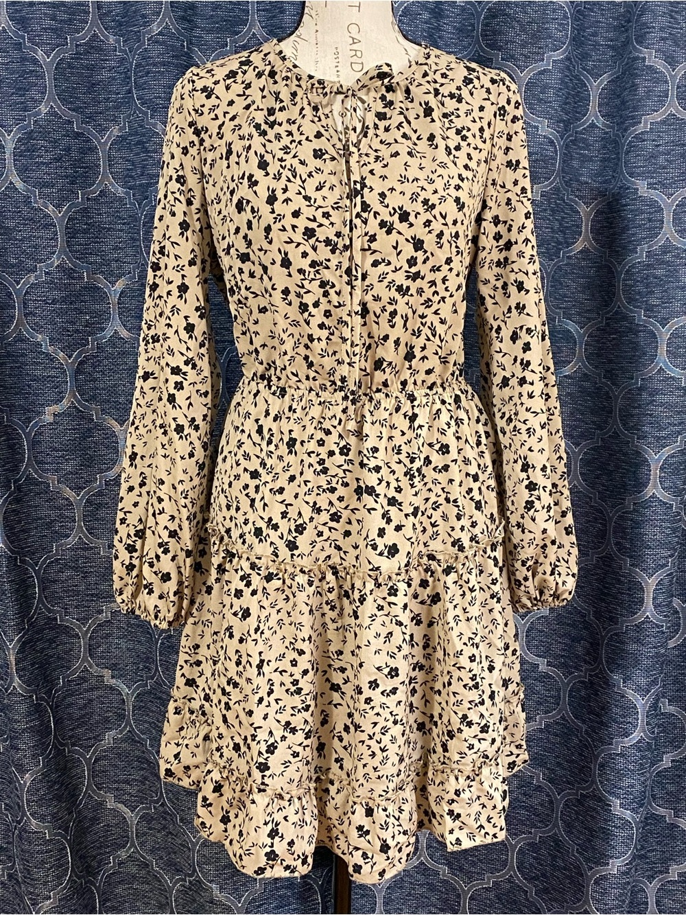 Beige Floral Long-Sleeve Tiered Dress